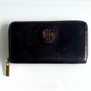 Tory Burch Black Zip Wallet with Gold Accents